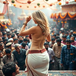 A blonde woman with a curvy backside is dancing on an energetic, crowded stage, adorned with a stylish necklace