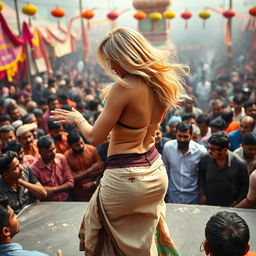 A blonde woman with a curvy backside is dancing on an energetic, crowded stage, adorned with a stylish necklace