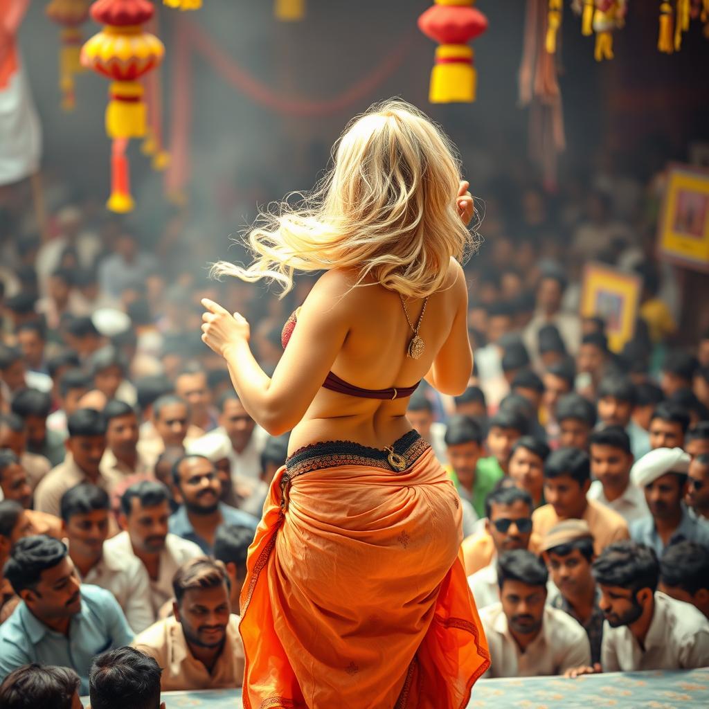 A blonde woman with a curvy backside is dancing on an energetic, crowded stage, adorned with a stylish necklace