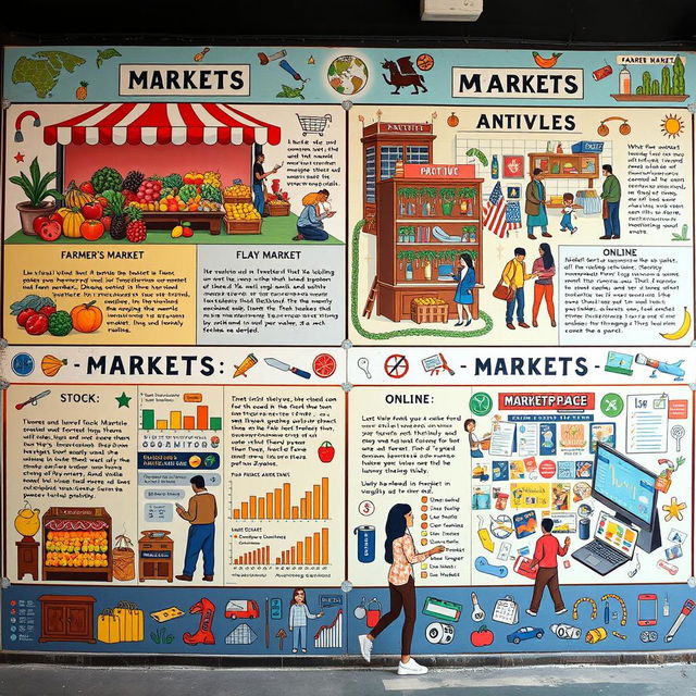 A vibrant mural depicting various types of markets, including a farmer's market with colorful fruits and vegetables, a flea market showcasing antiques and crafts, a stock market scene with busy traders, and a bustling online marketplace featuring digital items