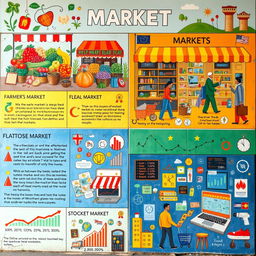 A vibrant mural depicting various types of markets, including a farmer's market with colorful fruits and vegetables, a flea market showcasing antiques and crafts, a stock market scene with busy traders, and a bustling online marketplace featuring digital items