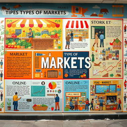 A vibrant mural depicting various types of markets, including a farmer's market with colorful fruits and vegetables, a flea market showcasing antiques and crafts, a stock market scene with busy traders, and a bustling online marketplace featuring digital items