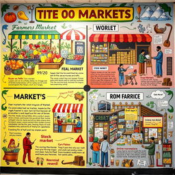 A vibrant mural depicting various types of markets, including a farmer's market with colorful fruits and vegetables, a flea market showcasing antiques and crafts, a stock market scene with busy traders, and a bustling online marketplace featuring digital items