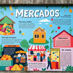 Un mural vibrante que representa varios tipos de mercados, incluyendo un mercado agrícola con frutas y verduras coloridas, un mercado de pulgas que exhibe antigüedades y artesanías, una escena del mercado de valores con comerciantes ocupados y un bullicioso mercado en línea que presenta artículos digitales