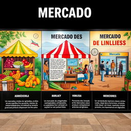 Un mural vibrante que representa varios tipos de mercados, incluyendo un mercado agrícola con frutas y verduras coloridas, un mercado de pulgas que exhibe antigüedades y artesanías, una escena del mercado de valores con comerciantes ocupados y un bullicioso mercado en línea que presenta artículos digitales