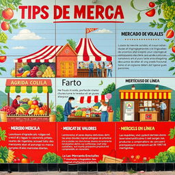 Un mural vibrante que representa varios tipos de mercados, incluyendo un mercado agrícola con frutas y verduras coloridas, un mercado de pulgas que exhibe antigüedades y artesanías, una escena del mercado de valores con comerciantes ocupados y un bullicioso mercado en línea que presenta artículos digitales