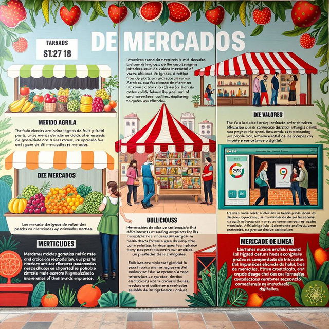 Un mural vibrante que representa varios tipos de mercados, incluyendo un mercado agrícola con frutas y verduras coloridas, un mercado de pulgas que exhibe antigüedades y artesanías, una escena del mercado de valores con comerciantes ocupados y un bullicioso mercado en línea que presenta artículos digitales