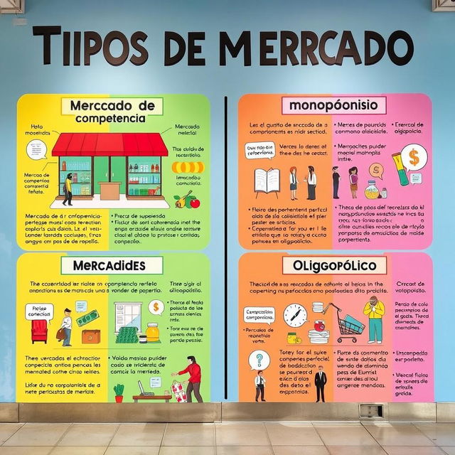 Un mural colorido y educativo que ilustra los diferentes tipos de mercado