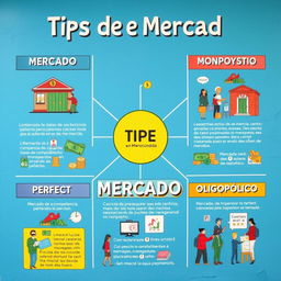 Un mural colorido y educativo que ilustra los diferentes tipos de mercado