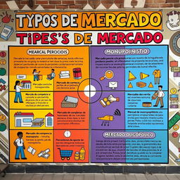 Un mural colorido y educativo que ilustra los diferentes tipos de mercado