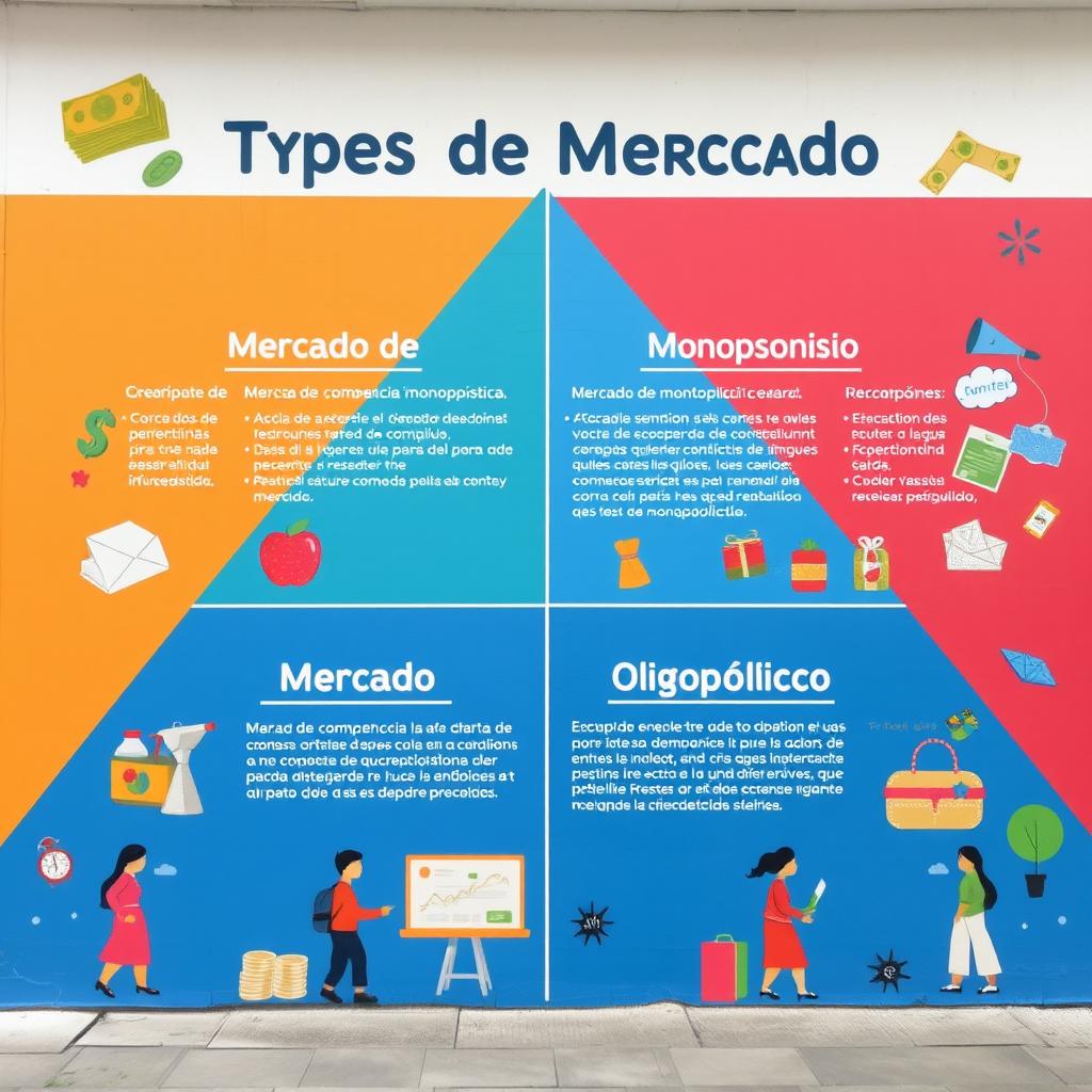 Un mural colorido y educativo que ilustra los diferentes tipos de mercado