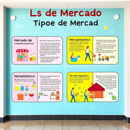 Un mural vibrante y educativo que presenta los diferentes tipos de mercado en economía, en un formato visual atractivo