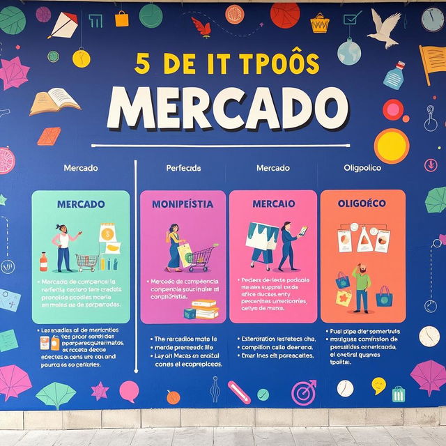 Un mural vibrante y educativo que presenta los diferentes tipos de mercado en economía, en un formato visual atractivo