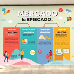 Un mural vibrante y educativo que presenta los diferentes tipos de mercado en economía, en un formato visual atractivo