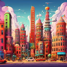 Generate a vibrant cartoon representation of a recognizable city.