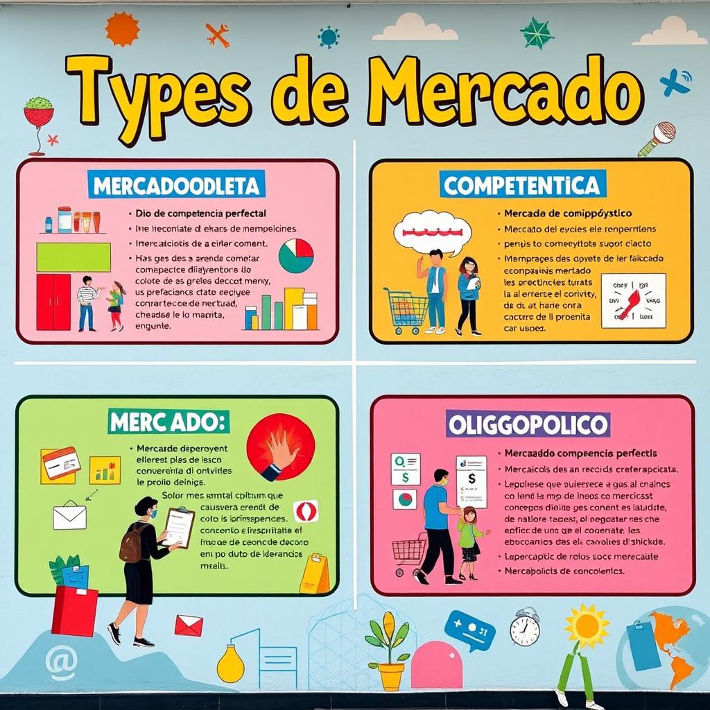 Un mural vibrante y educativo que presenta los diferentes tipos de mercado en economía, en un formato visual atractivo