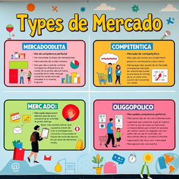 Un mural vibrante y educativo que presenta los diferentes tipos de mercado en economía, en un formato visual atractivo