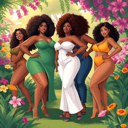A vibrant, sensual illustration of curvy women confidently posing, showcasing their figures in a playful and artistic way, with a focus on the beauty of their natural forms
