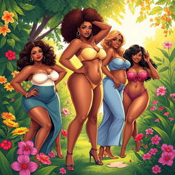 A vibrant, sensual illustration of curvy women confidently posing, showcasing their figures in a playful and artistic way, with a focus on the beauty of their natural forms