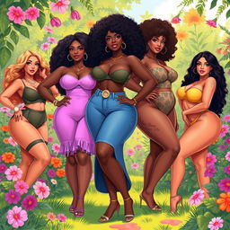 A vibrant, sensual illustration of curvy women confidently posing, showcasing their figures in a playful and artistic way, with a focus on the beauty of their natural forms