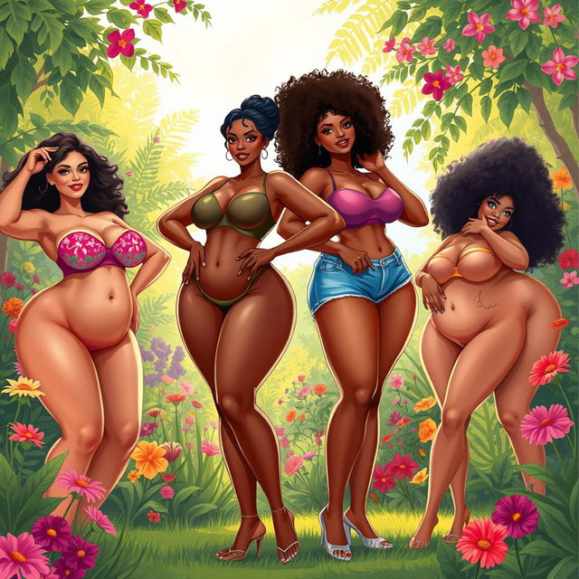 A vibrant, sensual illustration of curvy women confidently posing, showcasing their figures in a playful and artistic way, with a focus on the beauty of their natural forms