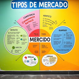 Un mural vibrante y educativo que ilustra los diferentes tipos de mercado en economía