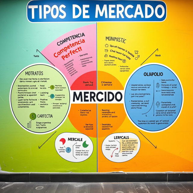 Un mural vibrante y educativo que ilustra los diferentes tipos de mercado en economía