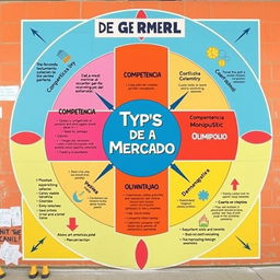 Un mural vibrante y educativo que ilustra los diferentes tipos de mercado en economía