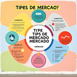 Un mural vibrante y educativo que ilustra los diferentes tipos de mercado en economía