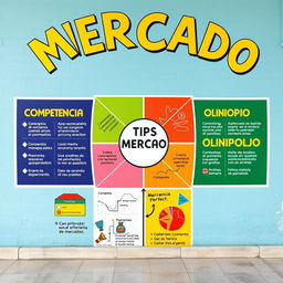 Un mural vibrante y educativo que ilustra los diferentes tipos de mercado en economía