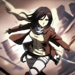 Mikasa Ackerman from Attack on Titan in a dynamic battle pose