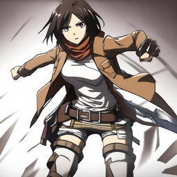 Mikasa Ackerman from Attack on Titan in a dynamic battle pose