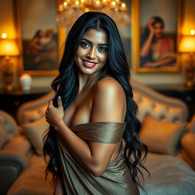 A sultry and alluring Indian woman in her 30s with long dark hair, radiant skin and an enticing smile, posing in a luxurious, beautifully decorated room