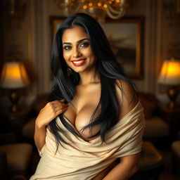A sultry and alluring Indian woman in her 30s with long dark hair, radiant skin and an enticing smile, posing in a luxurious, beautifully decorated room
