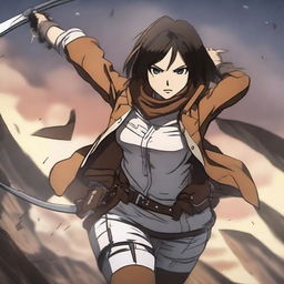 Mikasa Ackerman from Attack on Titan in a dynamic battle pose