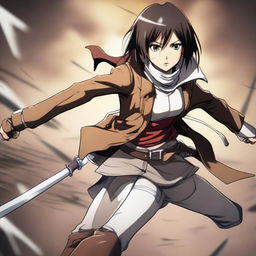 Mikasa Ackerman from Attack on Titan in a dynamic battle pose