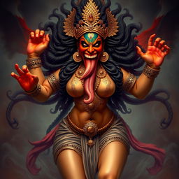 A fierce and terrifying depiction of Kali, the Hindu goddess, with an enraged expression and a long, protruding tongue