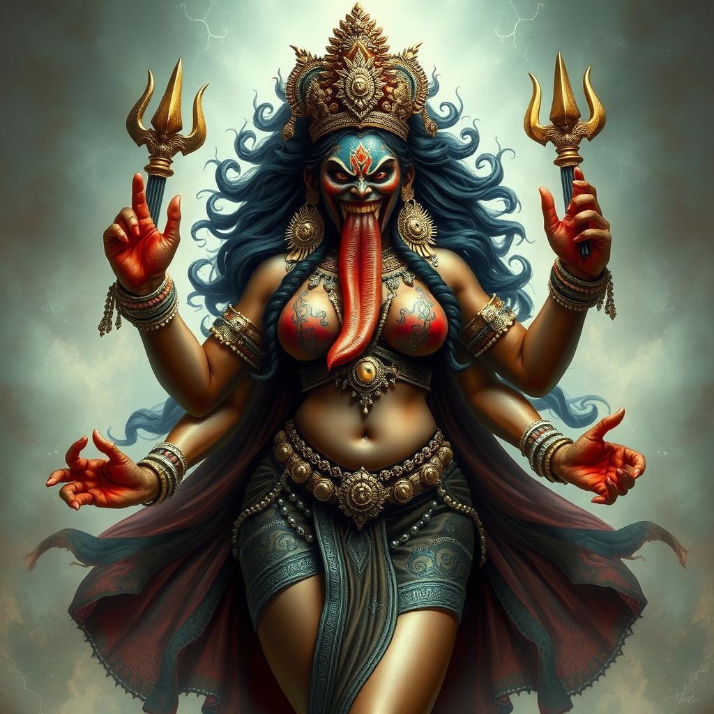 A fierce and terrifying depiction of Kali, the Hindu goddess, with an enraged expression and a long, protruding tongue