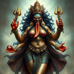 A fierce and terrifying depiction of Kali, the Hindu goddess, with an enraged expression and a long, protruding tongue