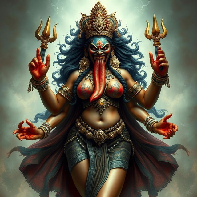 A fierce and terrifying depiction of Kali, the Hindu goddess, with an enraged expression and a long, protruding tongue