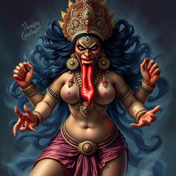 A fierce and terrifying depiction of Kali, the Hindu goddess, with an enraged expression and a long, protruding tongue