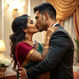 An attractive Indian woman in her 30s, wearing a stylish traditional saree with intricate designs
