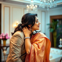 An attractive Indian woman in her 30s, wearing a stylish traditional saree with intricate designs