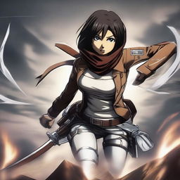 Mikasa Ackerman from Attack on Titan in a dynamic battle stance