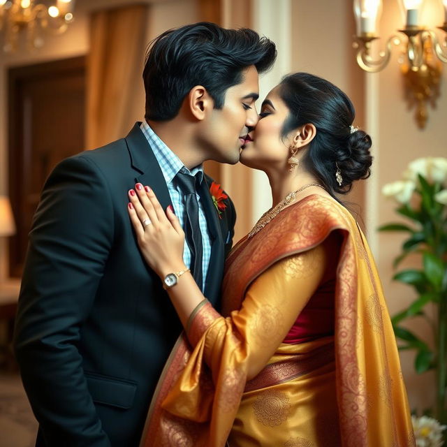 An attractive Indian woman in her 30s, wearing a stylish traditional saree with intricate designs