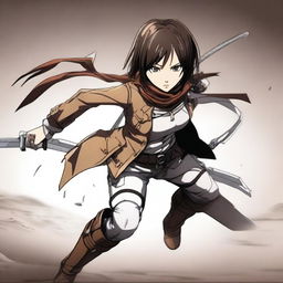 Mikasa Ackerman from Attack on Titan in a dynamic battle stance