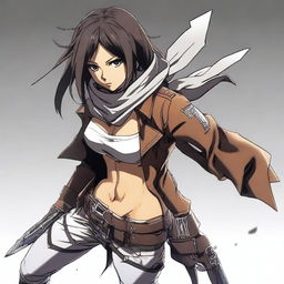 Mikasa Ackerman from Attack on Titan in a dynamic battle stance