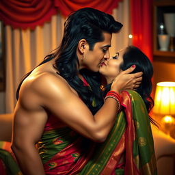 A sultry scene featuring a hot Indian aunty passionately kissing a handsome man