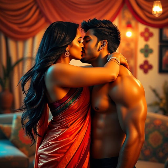 A sultry scene featuring a hot Indian aunty passionately kissing a handsome man