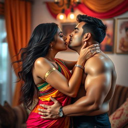 A sultry scene featuring a hot Indian aunty passionately kissing a handsome man